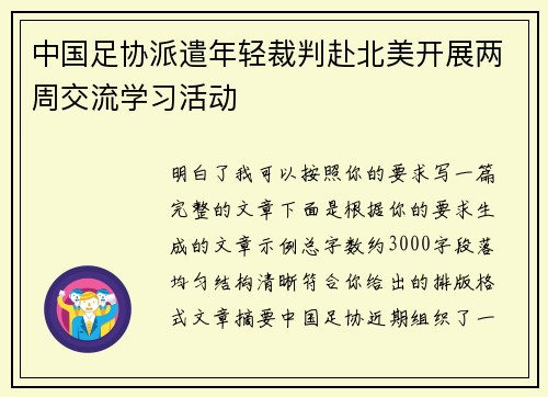 中国足协派遣年轻裁判赴北美开展两周交流学习活动