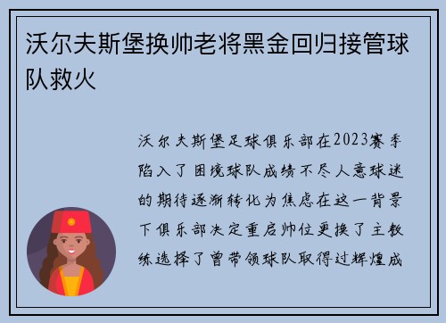 沃尔夫斯堡换帅老将黑金回归接管球队救火